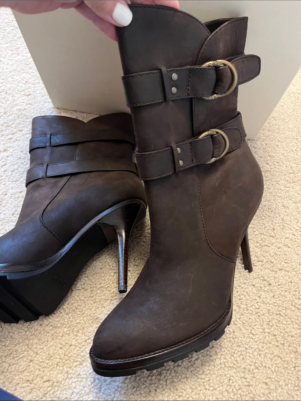 New in Box Coach Thelma Brown Leather High-Heel Ankle Boots with Buckle Straps - Picture 6 of 10